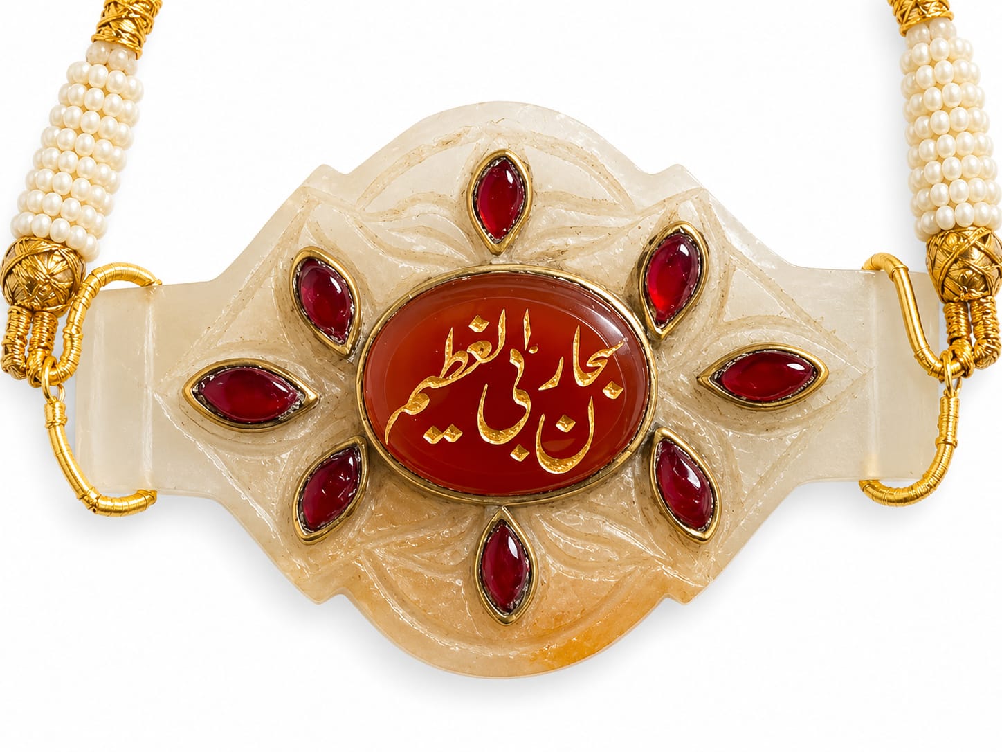 Mughal handmade islamic jade stone pendant studded with maroon precious stone